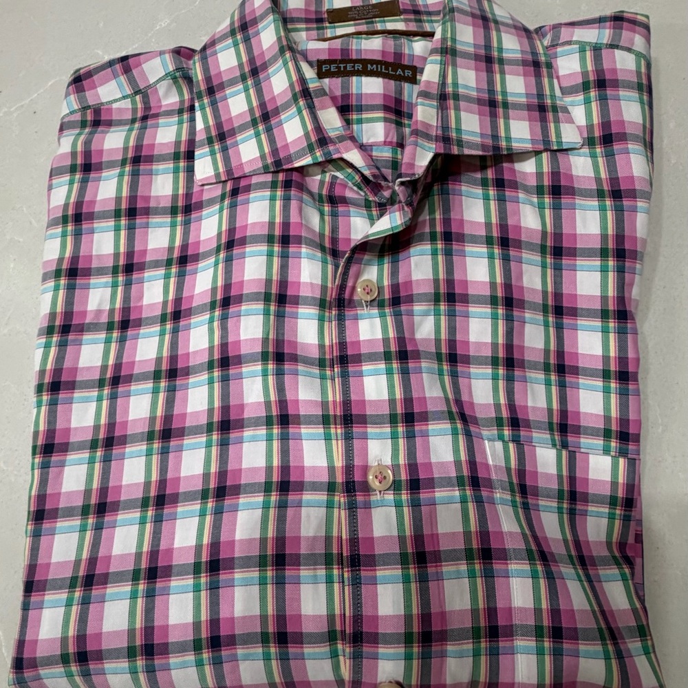 Peter Millar Pink and Green Plaid Button-Down Shirt, Large